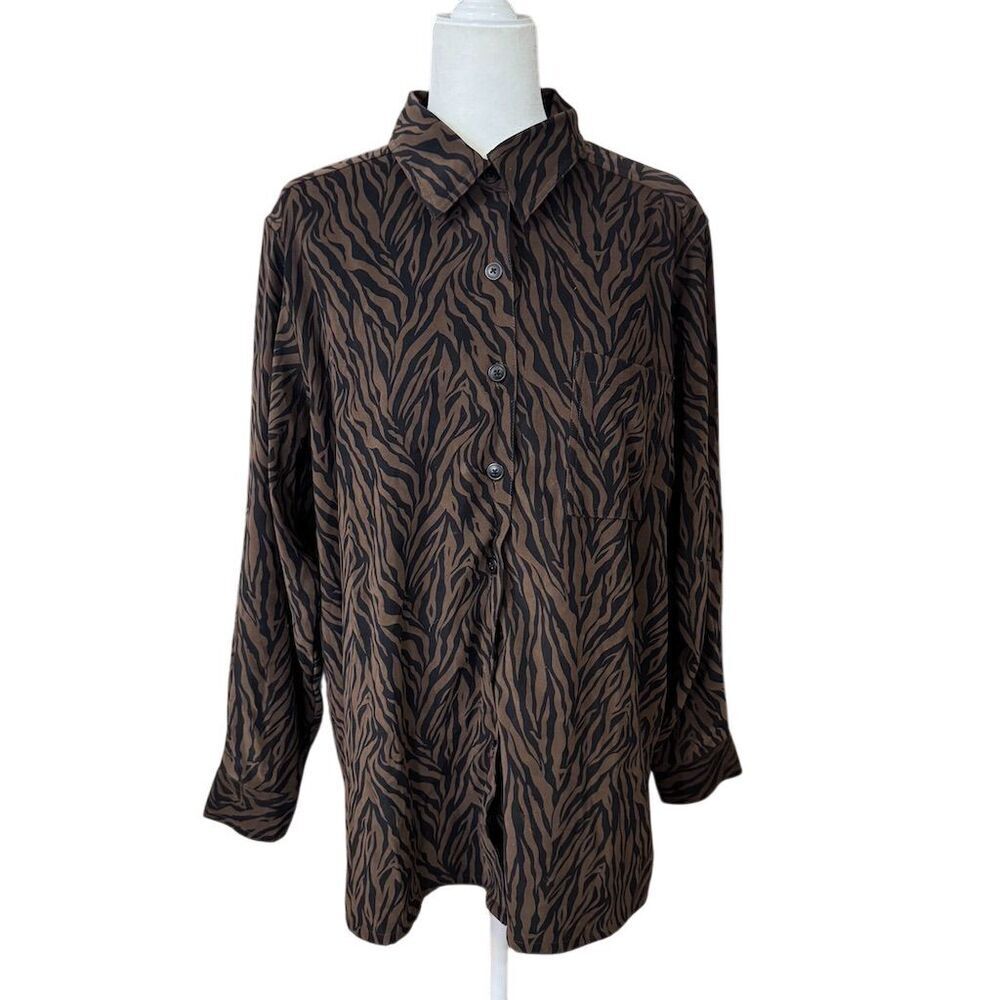 Denim & Co Vintage Brown Zebra Print Button-Up Shirt Women's Size 1X